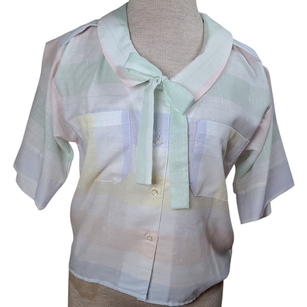 Carrie Beene Vtg 70s Button Up Short Sleeve Neck Bow Pastel Summer Size Small